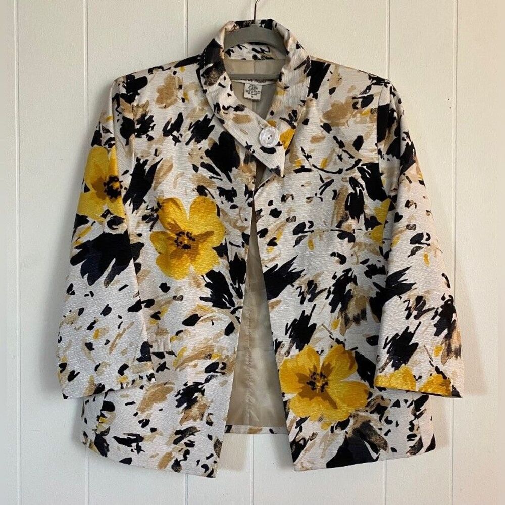 David Brooks Jacket Blazer Women’s Small Yellow Black White Silk Abstract Floral